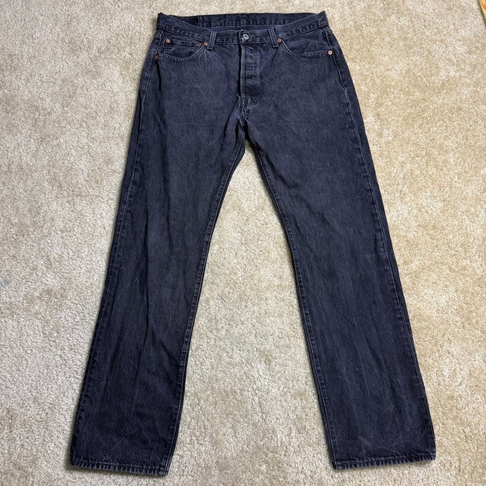 Levis 501 Jeans Men 36x34 Black Denim Pant Dark Button Fly Distressed Workwear